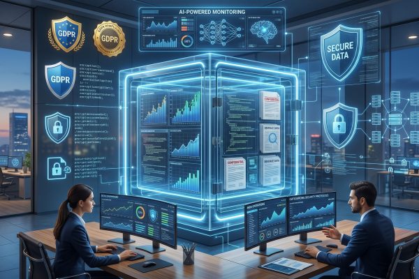 Data analysts monitoring secure information in a high-tech GDPR-compliant digital office.