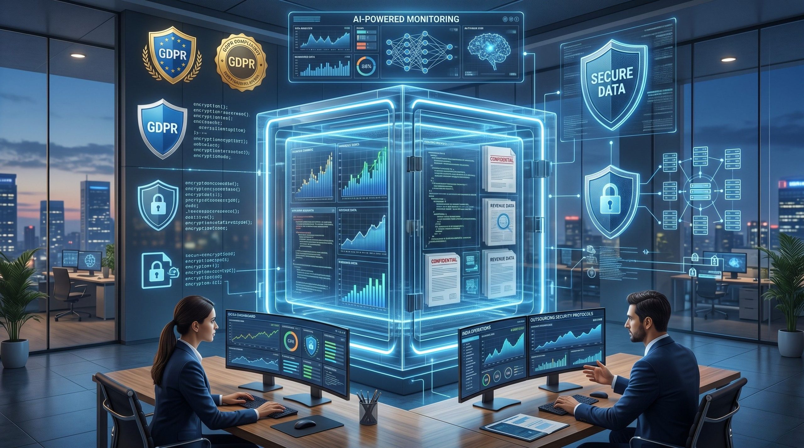 Data analysts monitoring secure information in a high-tech GDPR-compliant digital office.