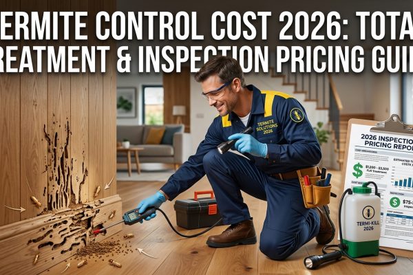 Professional termite control technician inspecting termite damage inside a modern home with pricing report and treatment equipment for a Termite Control Cost 2026 treatment and inspection pricing guide.
