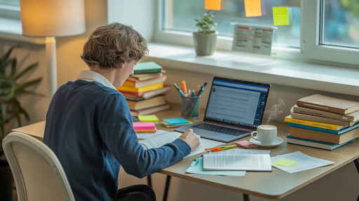 A student sitting on a table, doing his thesis with some notes, a cup of tea and a laptop open in front of him.