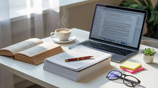 Notepad in the middle with a pen on it and a laptop in front of it, pair of glasses on the right and a book on the left.